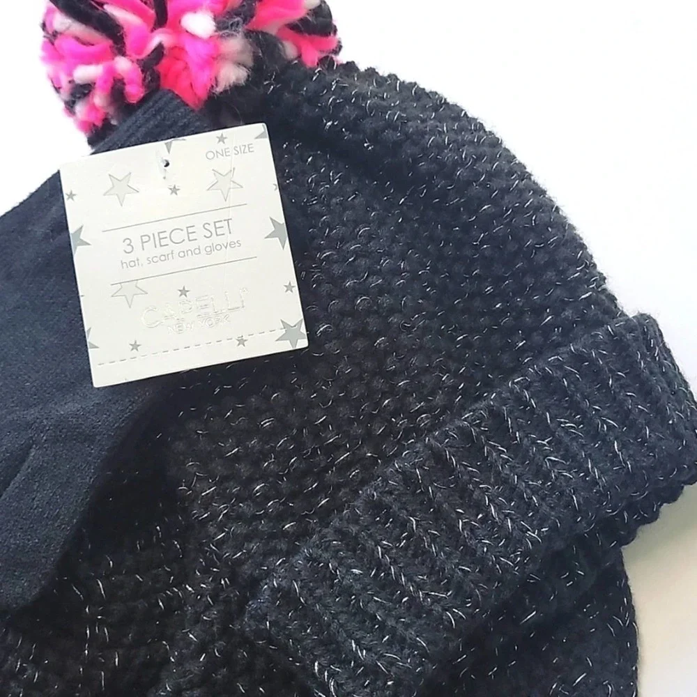 NEW! CAPELLI 3pc. Knit Triangle Scarf, Pom Pom Hat & Glove Gift Set!